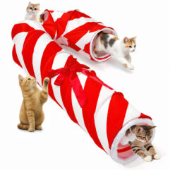 Tivray Christmas Cat Tunnel with 2 Interactive Balls, Red + White Super Soft Plush Candy Cane Tunnel, 3-Entry Doors, Spacious Interior, Sturdy Frame, Holiday Gift for Kitties & Small Pets