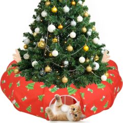 Tivray 35" Christmas Tree Cat Tunnel Bed with Toy Balls & Soft Cushion Multifunctional Pet Playground, Dual-Entry Doors, Interactive Toys, Holiday Gift for Kitties & Small Pets, Red & Green