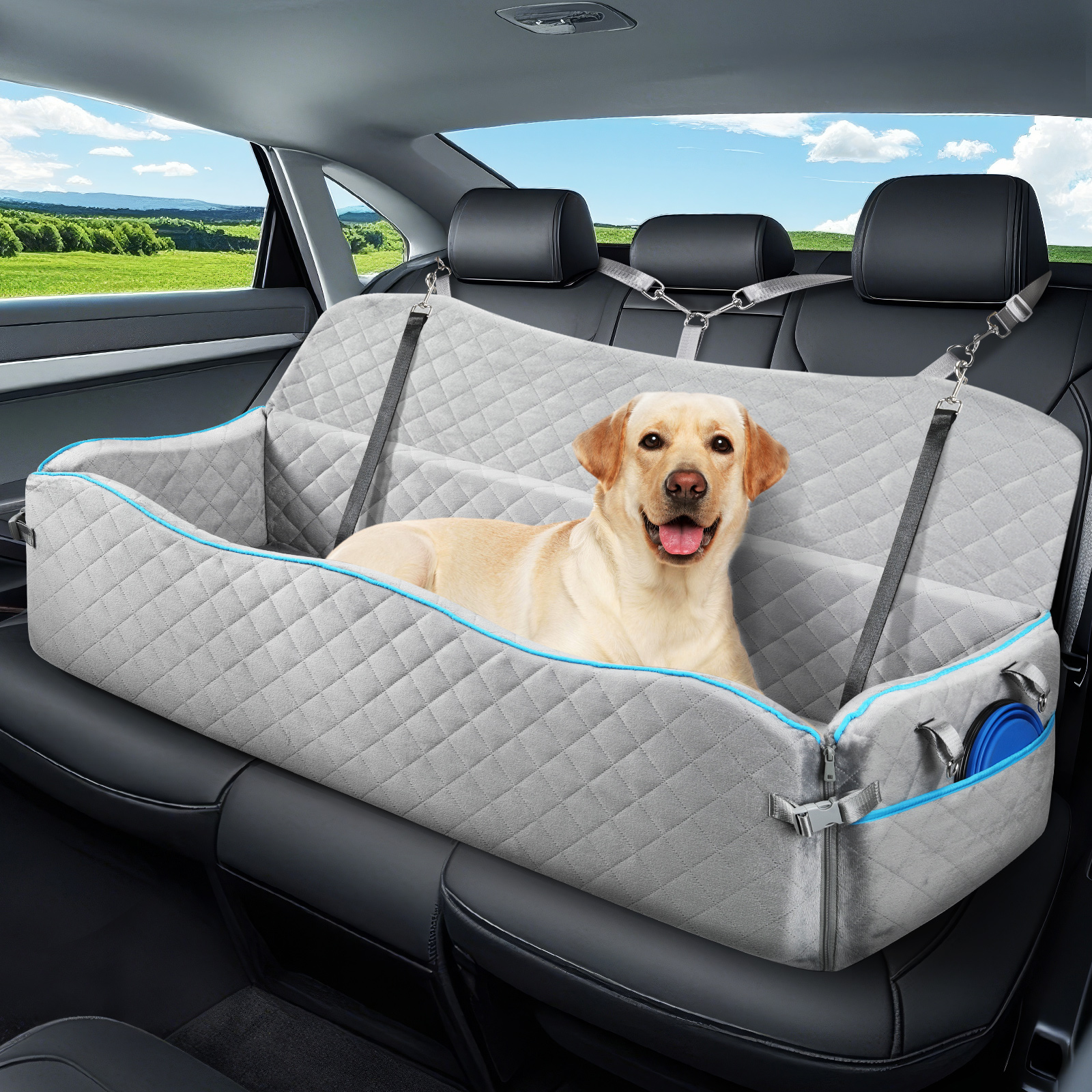 Tivray Large Dog Car Seat, Dog Car Bed for Large Dogs Under 120lbs or 2 Medium Sized Dogs, Dog Booster Car Seat for Dogs with Memory Foam Thick Cushion, Detachable & Washable Car Dog Bed for Backseat