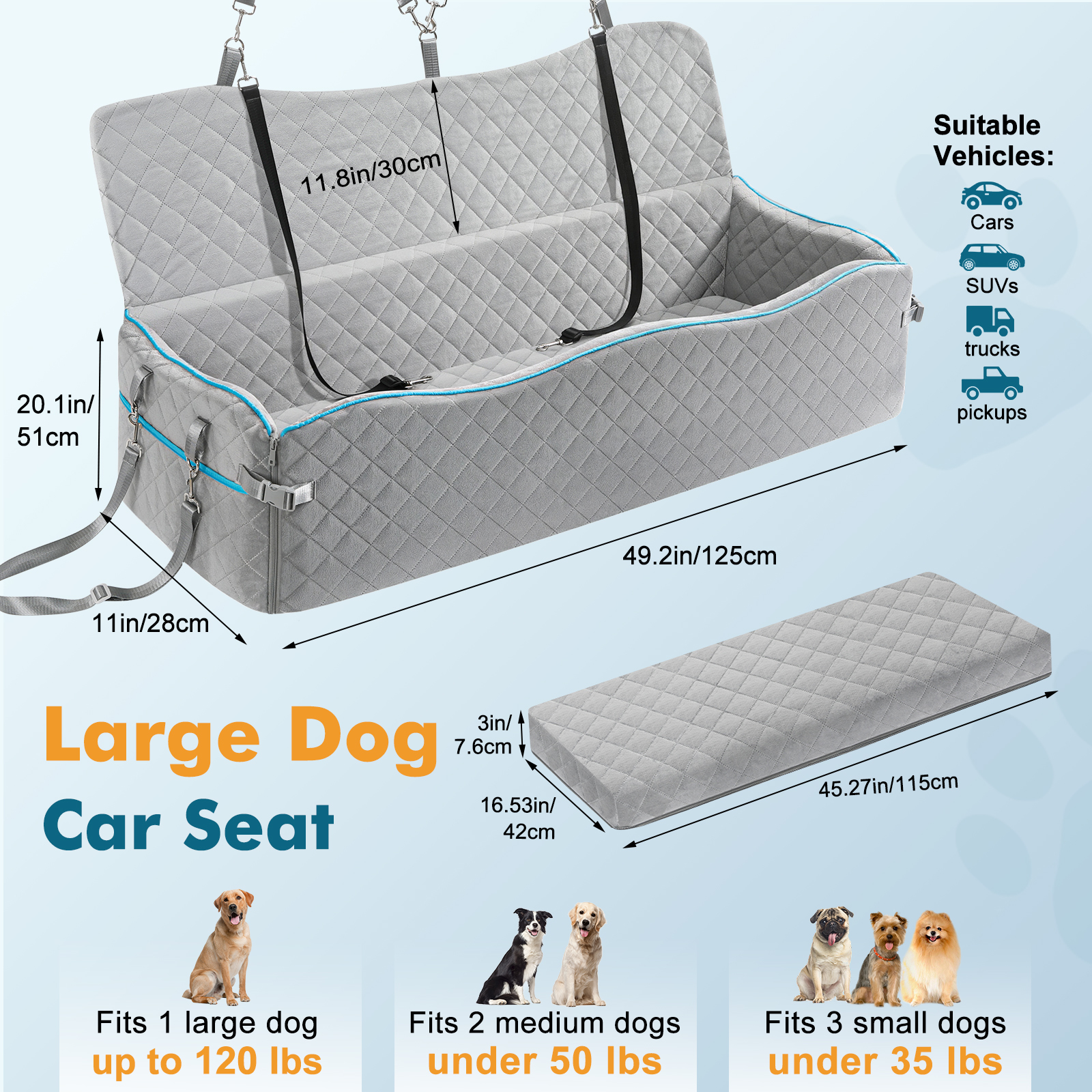 Tivray Large Dog Car Seat, Dog Car Bed for Large Dogs Under 120lbs or 2 Medium Sized Dogs, Dog Booster Car Seat for Dogs with Memory Foam Thick Cushion, Detachable & Washable Car Dog Bed for Backseat - Image 2